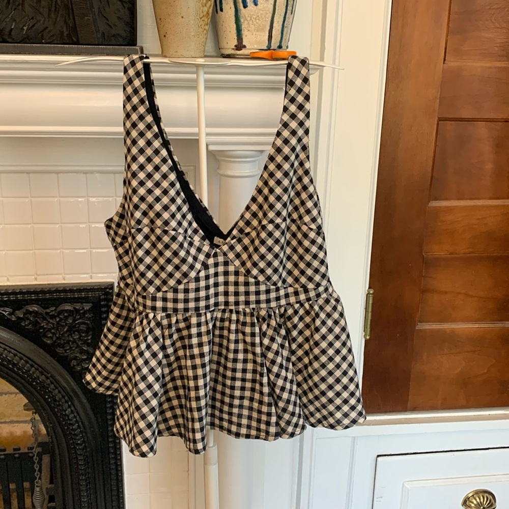 A. Peach black and‎ white gingham crop top.Wirn one time